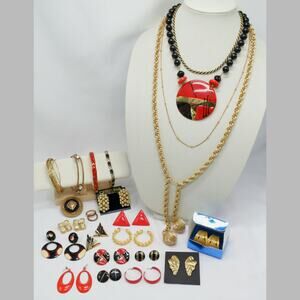 Vintage Retro Mod Statement Jewelry Mixed Lot Black/Gold/Red earrings necklaces